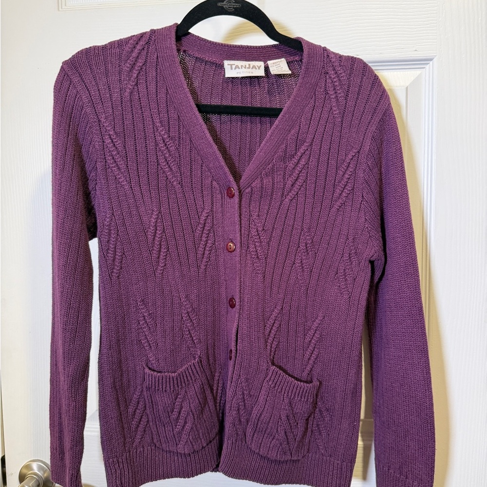TanJay Plum Cable-Knit V-Neck Cardigan with Pockets